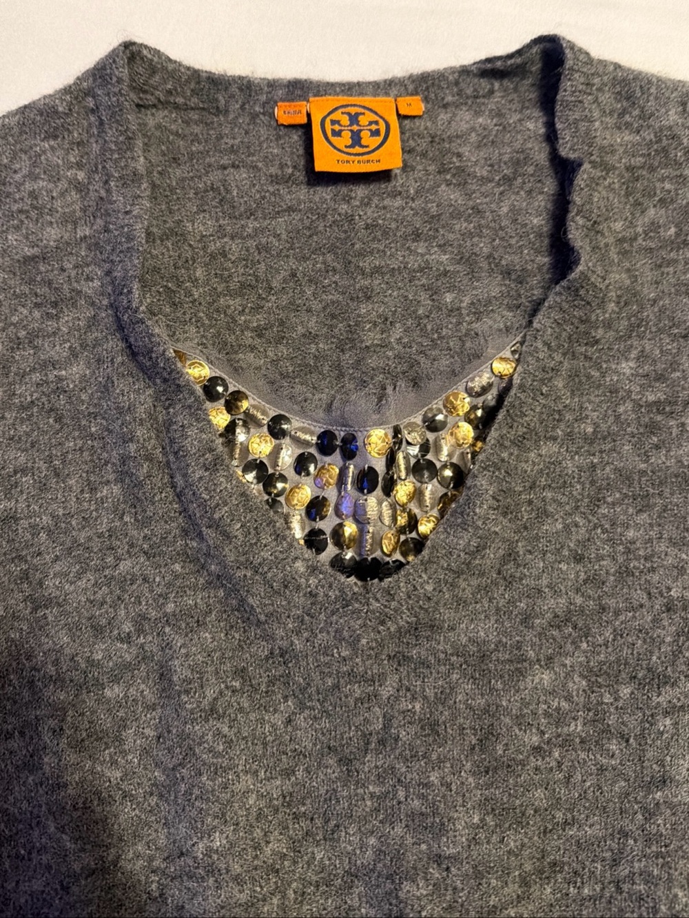 Tory Burch Gold and Black Embellished V-Neck Necklace Accent